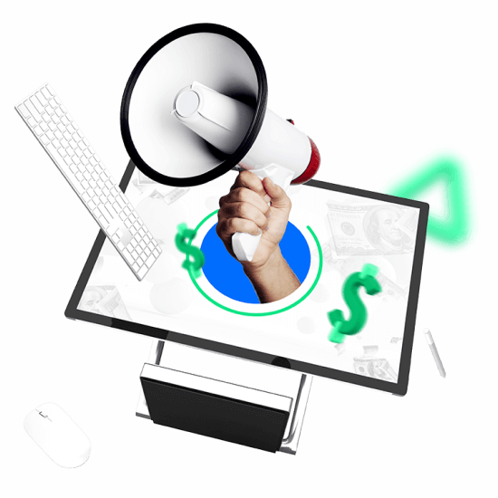 affiliates-program-manager-tracking-system a computer screen, speakerphone and currency, depicting the tracking system for an affiliates program manager