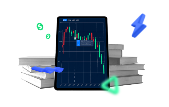 a tablet with a market chart on the screen and books, depicting the research material available with the affiliates program