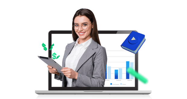 a smiling woman holding a tablet with a laptop and resources in the background, depicting the rules of how the program works