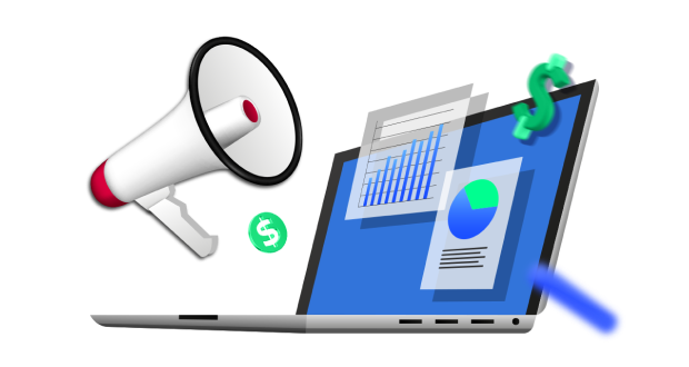 a laptop with data charts and a speakerphone on a white background, depicting freelance affiliates earning through marketing