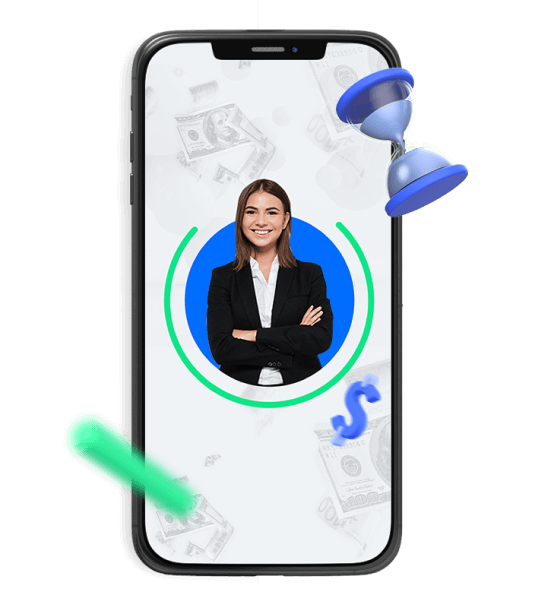 a smartphone, egg timer and smiling person on a white background, depicting affiliates marketing tools and cookies
