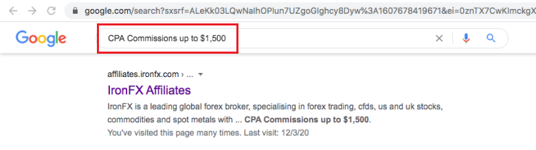 google search result for cpa commissions for affiliates